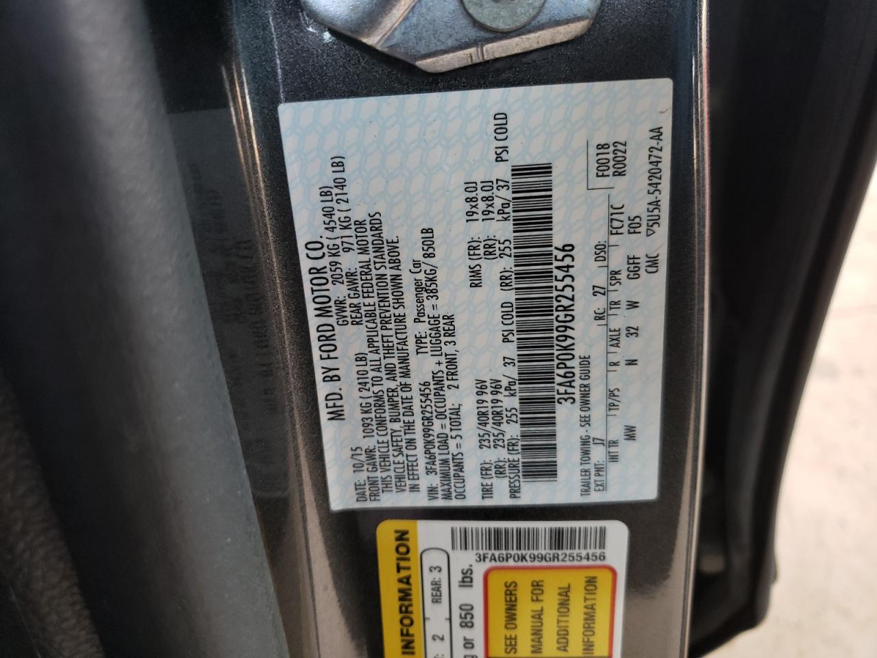 Photo 10 from auction – 2016 FORD FUSION TIT with VIN 3FA6P0K99GR255456
