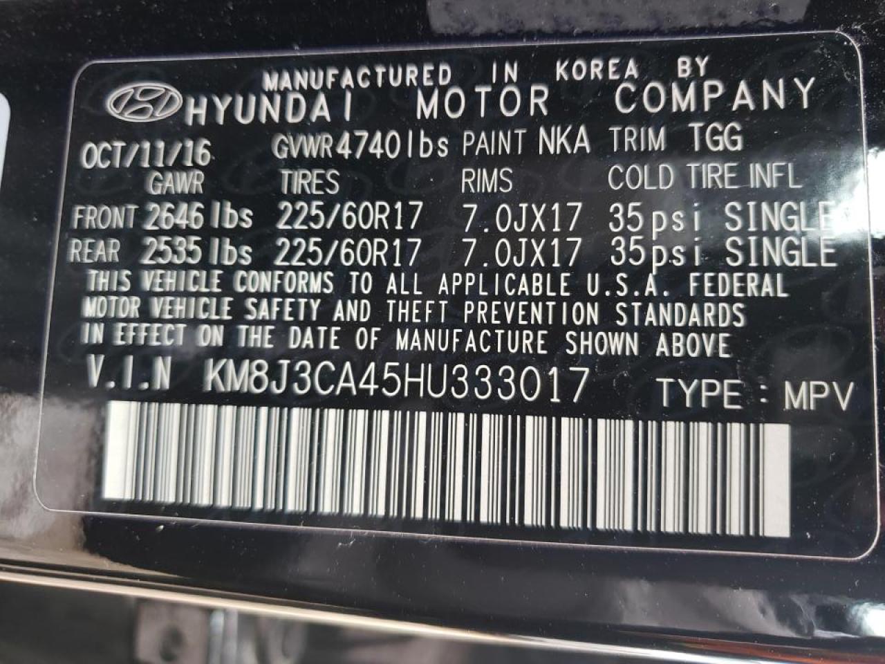 Photo 10 from auction – 2017 HYUNDAI TUCSON LIM with VIN KM8J3CA45HU333017