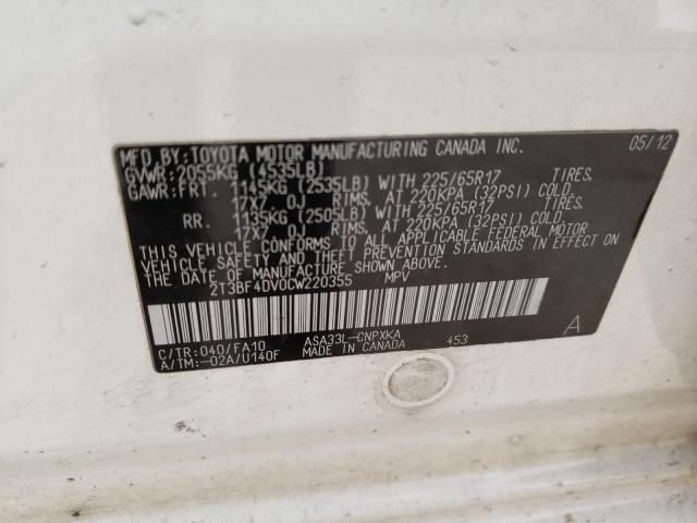 Photo 10 from auction – 2012 TOYOTA RAV4 with VIN 2T3BF4DV0CW220355