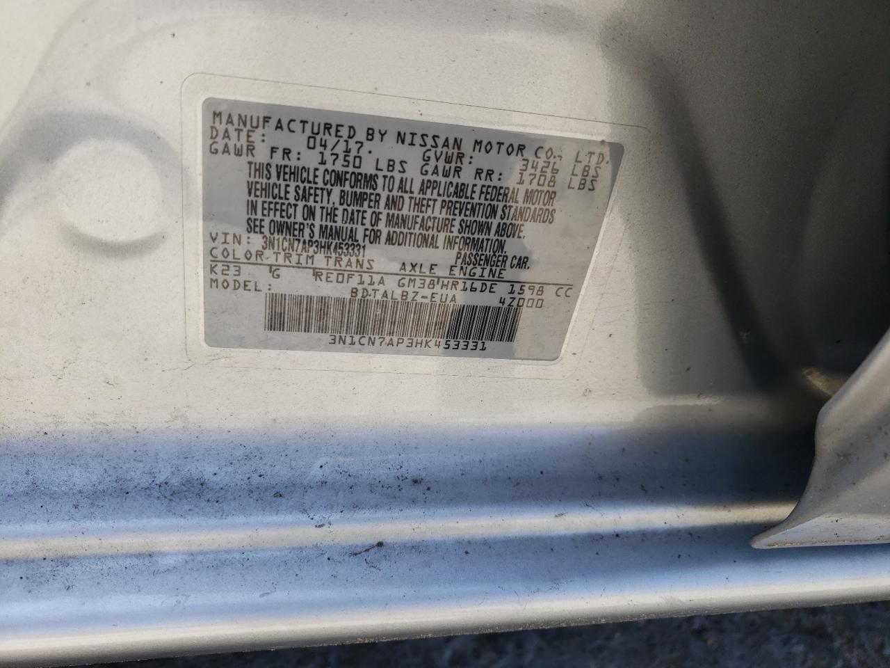 Photo 10 from auction – 2017 NISSAN VERSA S with VIN 3N1CN7AP3HK453331