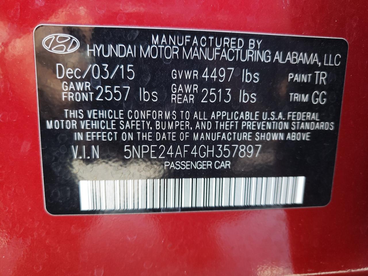 Photo 10 from auction – 2016 HYUNDAI SONATA SE with VIN 5NPE24AF4GH357897