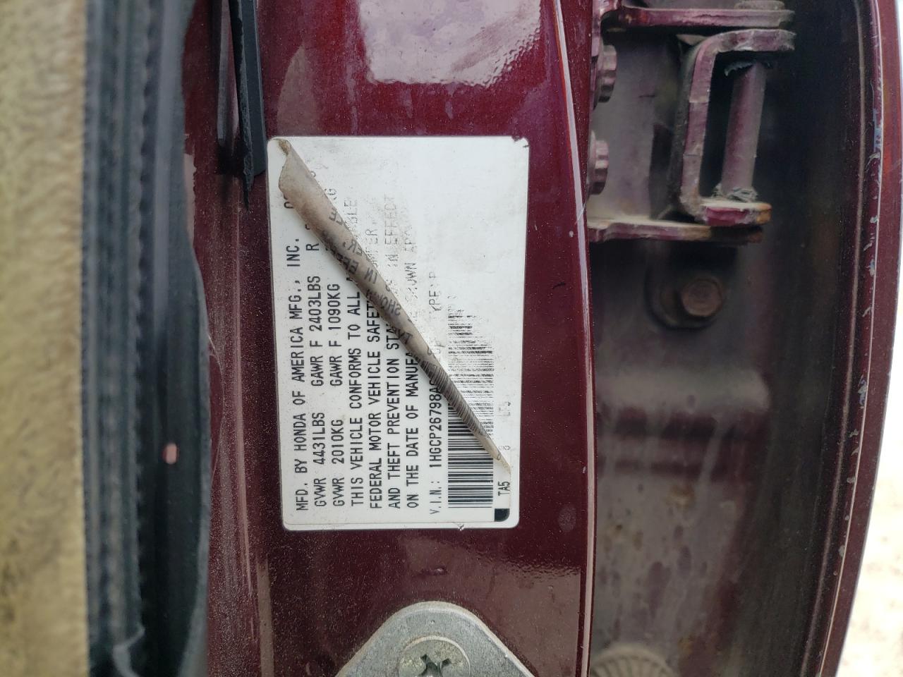 Photo 10 from auction – 2008 HONDA ACCORD EX with VIN 1HGCP26798A005200