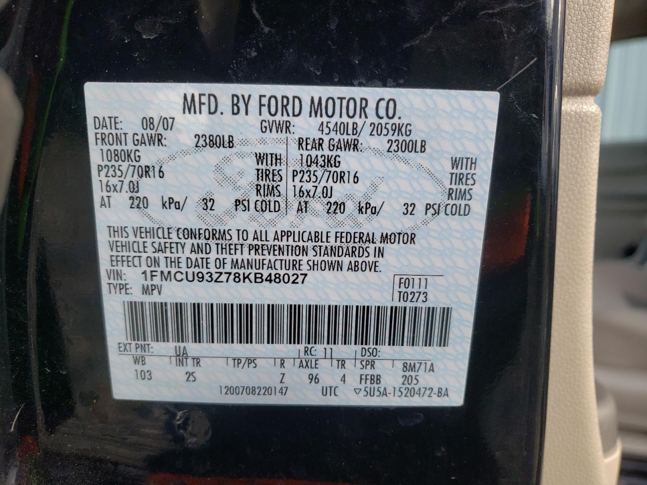 Photo 10 from auction – 2008 FORD ESCAPE XLT with VIN 1FMCU93Z78KB48027