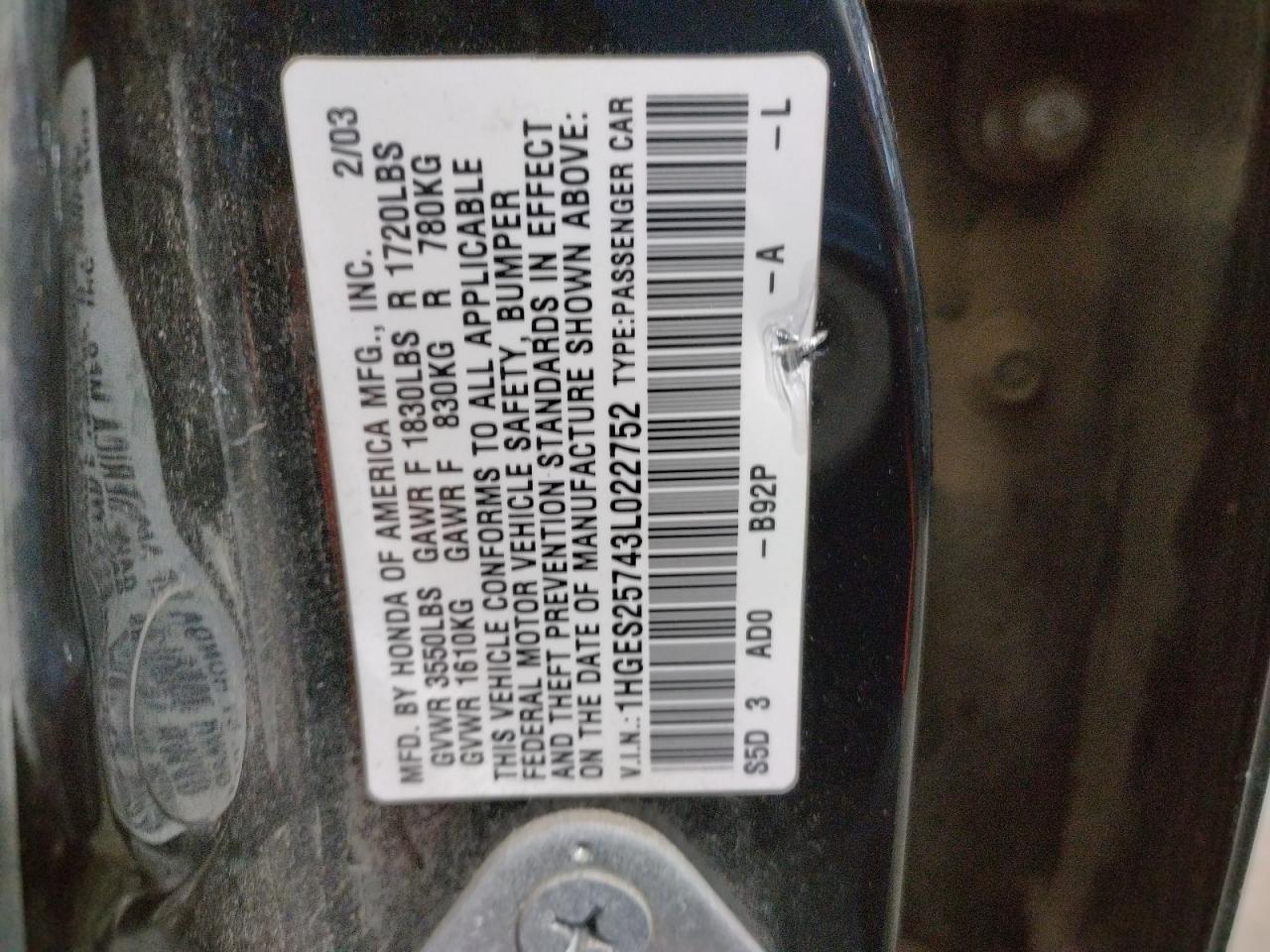 Photo 10 from auction – 2003 HONDA CIVIC EX with VIN 1HGES25743L022752