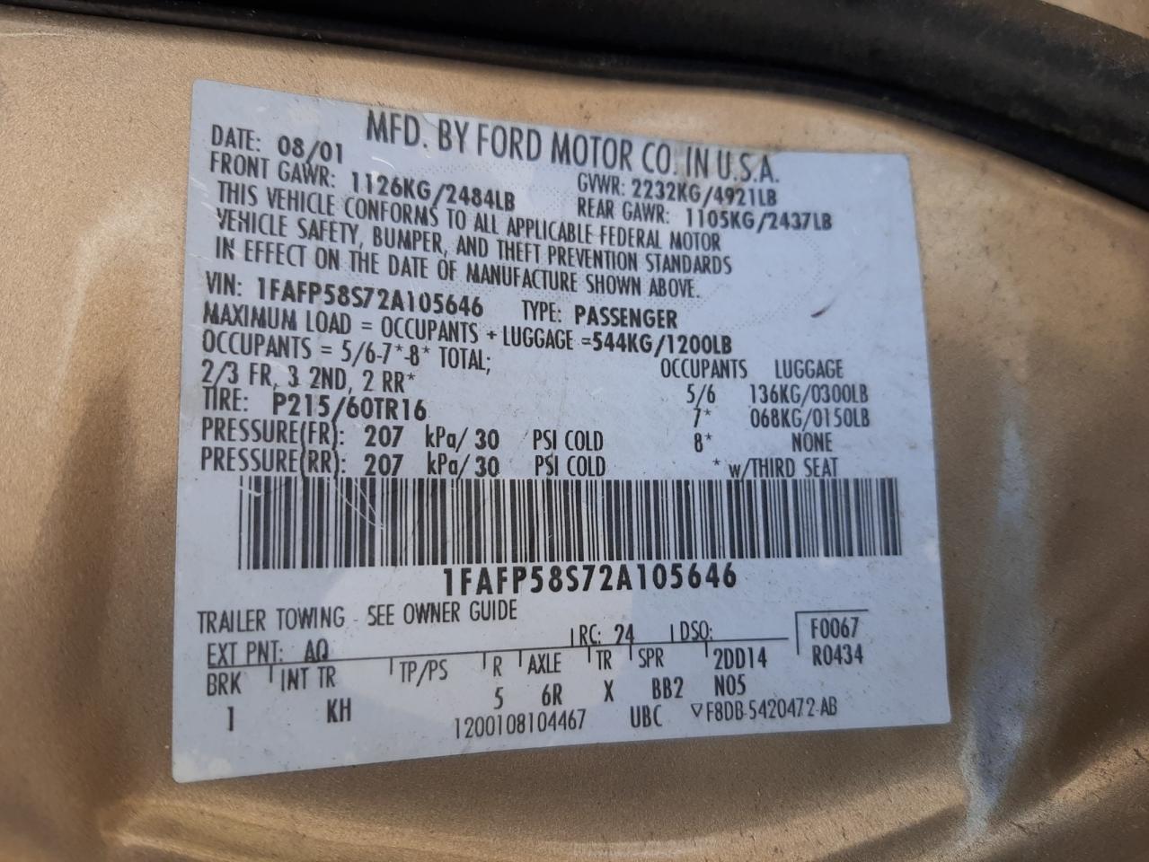 Photo 10 from auction – 2002 FORD TAURUS SE with VIN 1FAFP58S72A105646