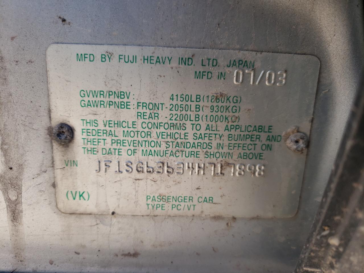 Photo 10 from auction – 2004 SUBARU FORESTER 2 with VIN JF1SG63634H717898
