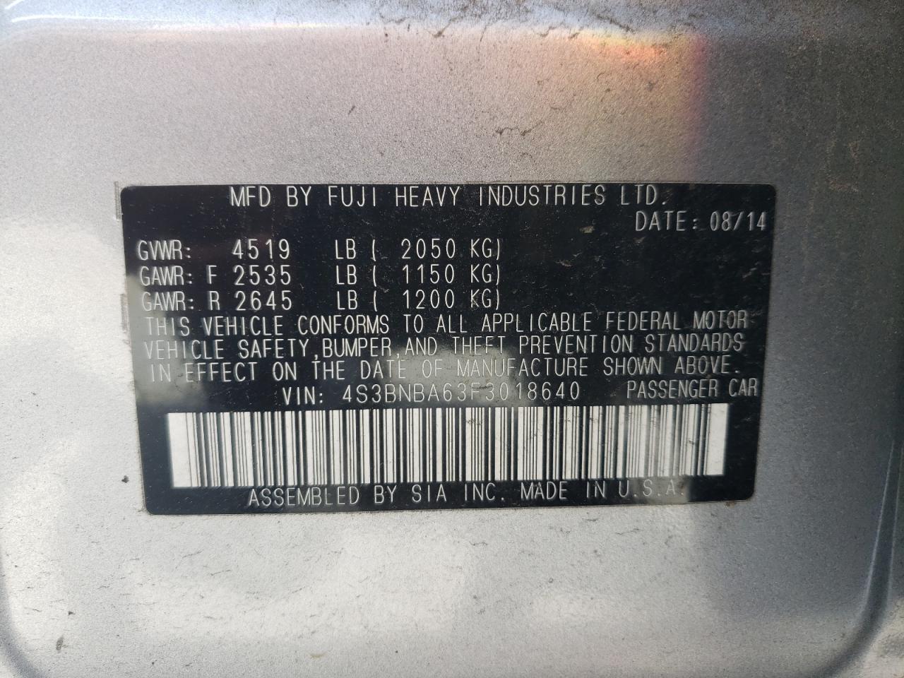 Photo 10 from auction – 2015 SUBARU LEGACY 2.5 with VIN 4S3BNBA63F3018640