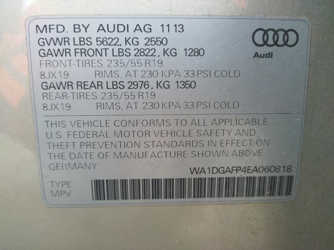 Zdjęcie 10 z aukcji – 2014 AUDI Q5 PREMIUM z VIN WA1DGAFP4EA060818