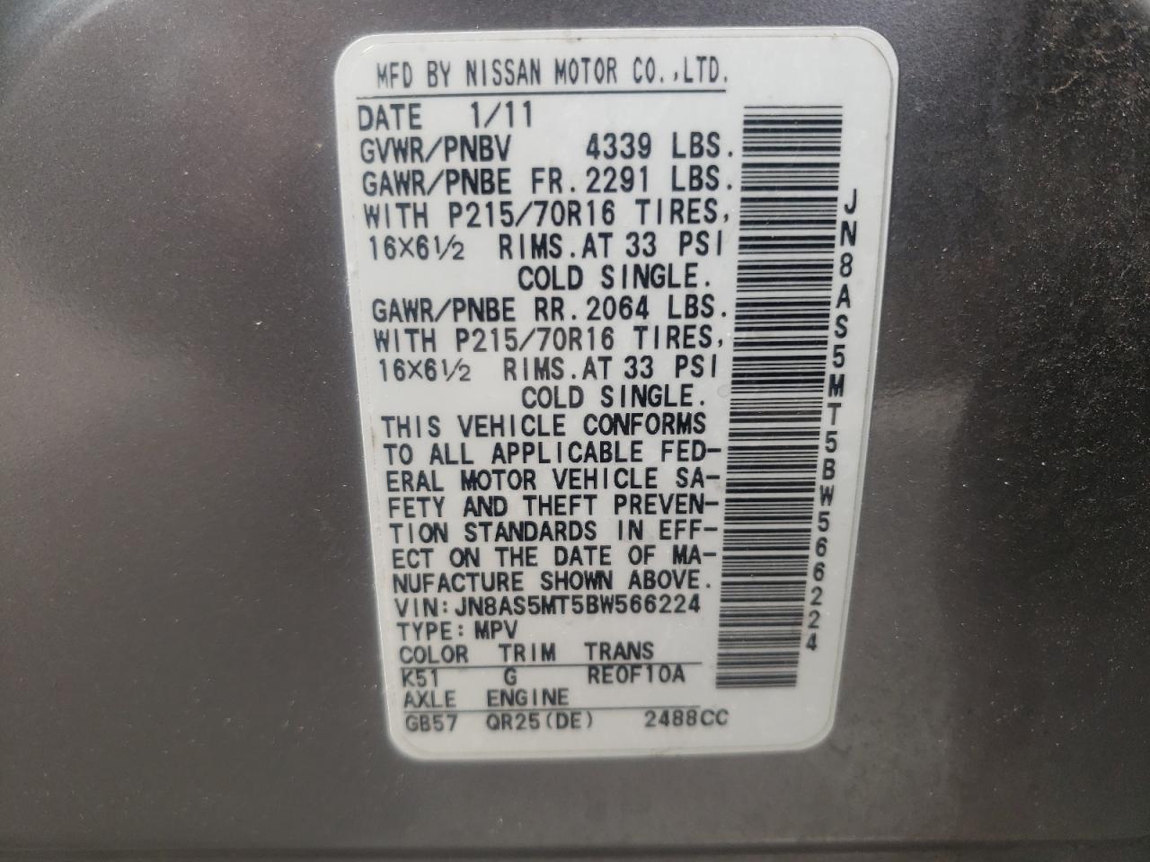 Photo 10 from auction – 2011 NISSAN ROGUE S with VIN JN8AS5MT5BW566224