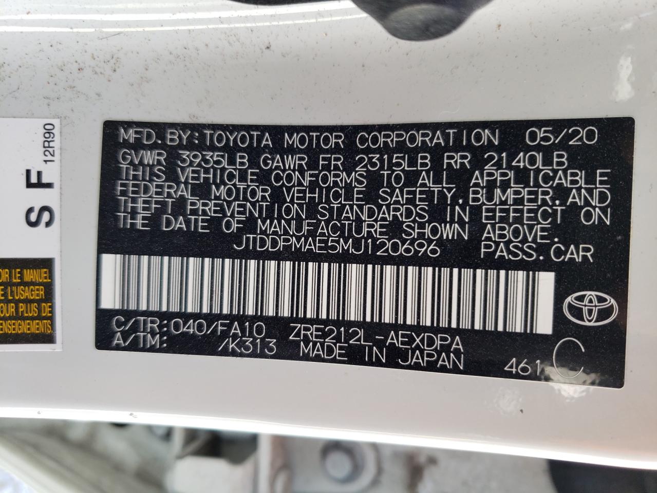 Photo 10 from auction – 2021 TOYOTA COROLLA L with VIN JTDDPMAE5MJ120696