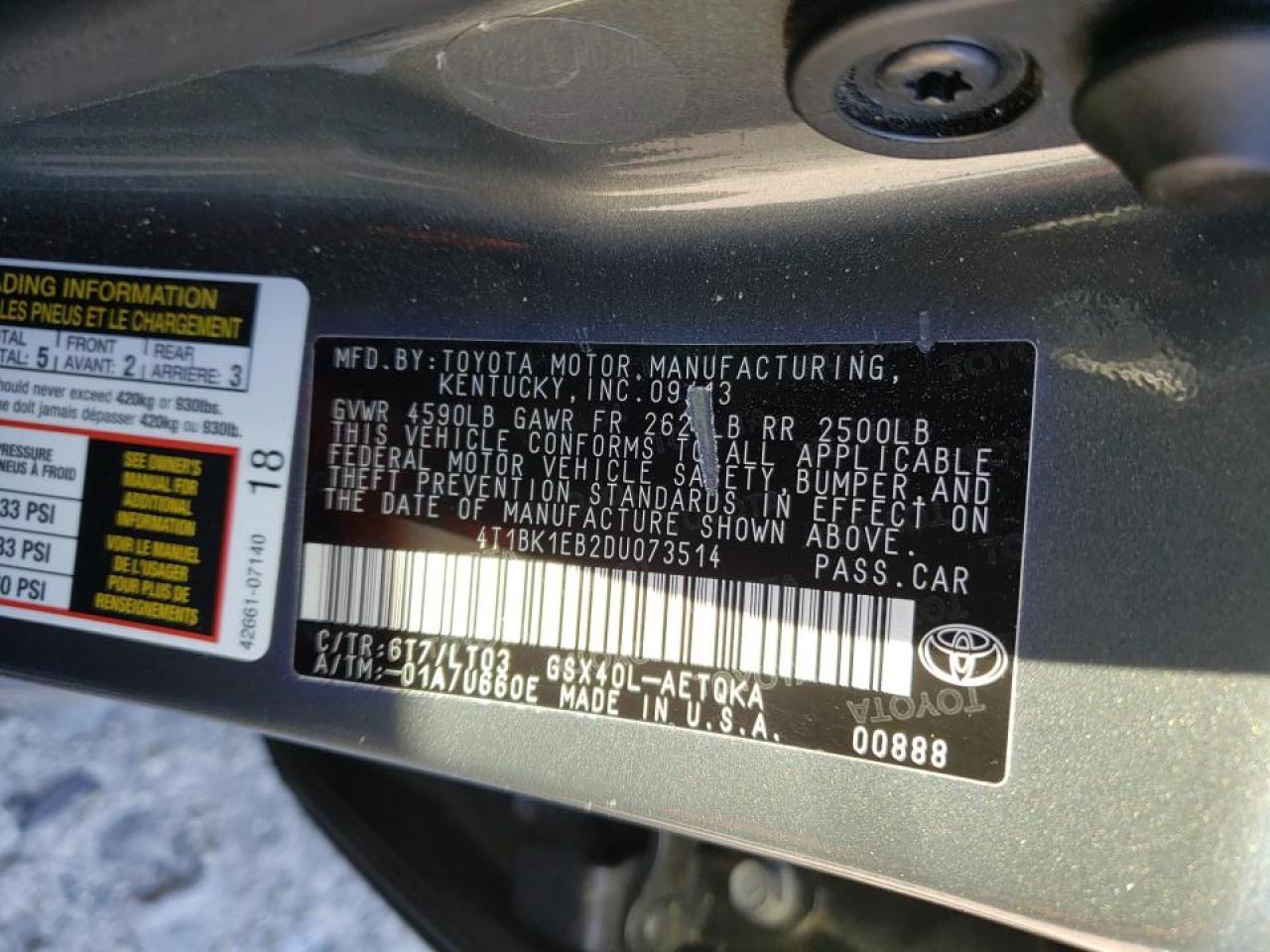 Photo 10 from auction – 2013 TOYOTA AVALON BAS with VIN 4T1BK1EB2DU073514