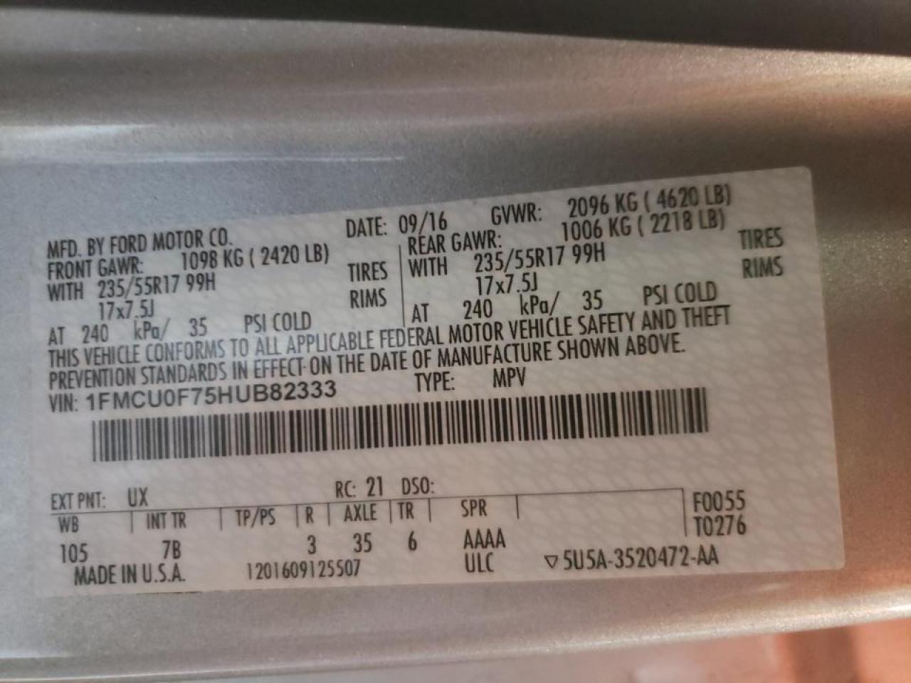 Photo 10 from auction – 2017 FORD ESCAPE S with VIN 1FMCU0F75HUB82333