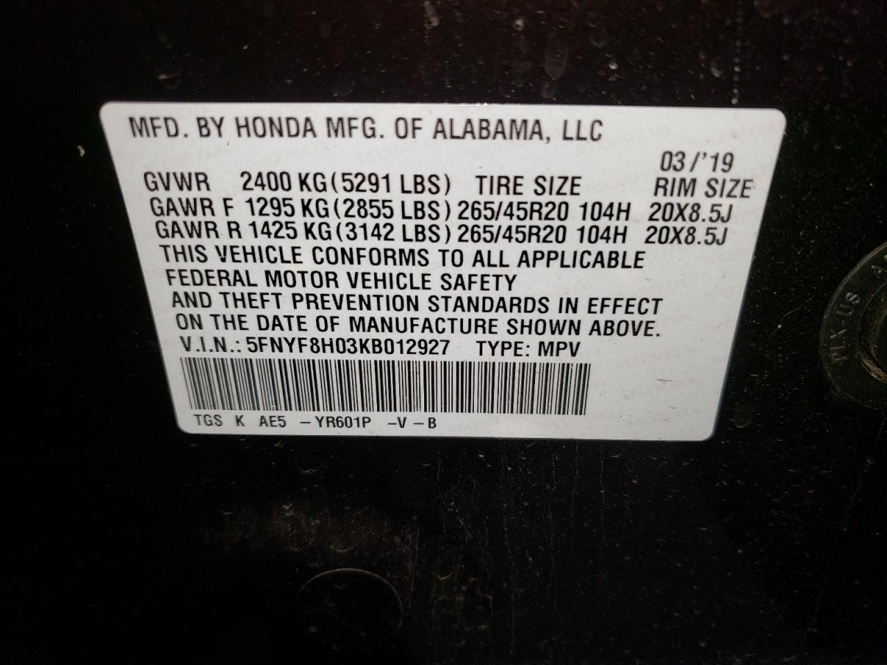 Photo 10 from auction – 2019 HONDA PASSPORT E with VIN 5FNYF8H03KB012927