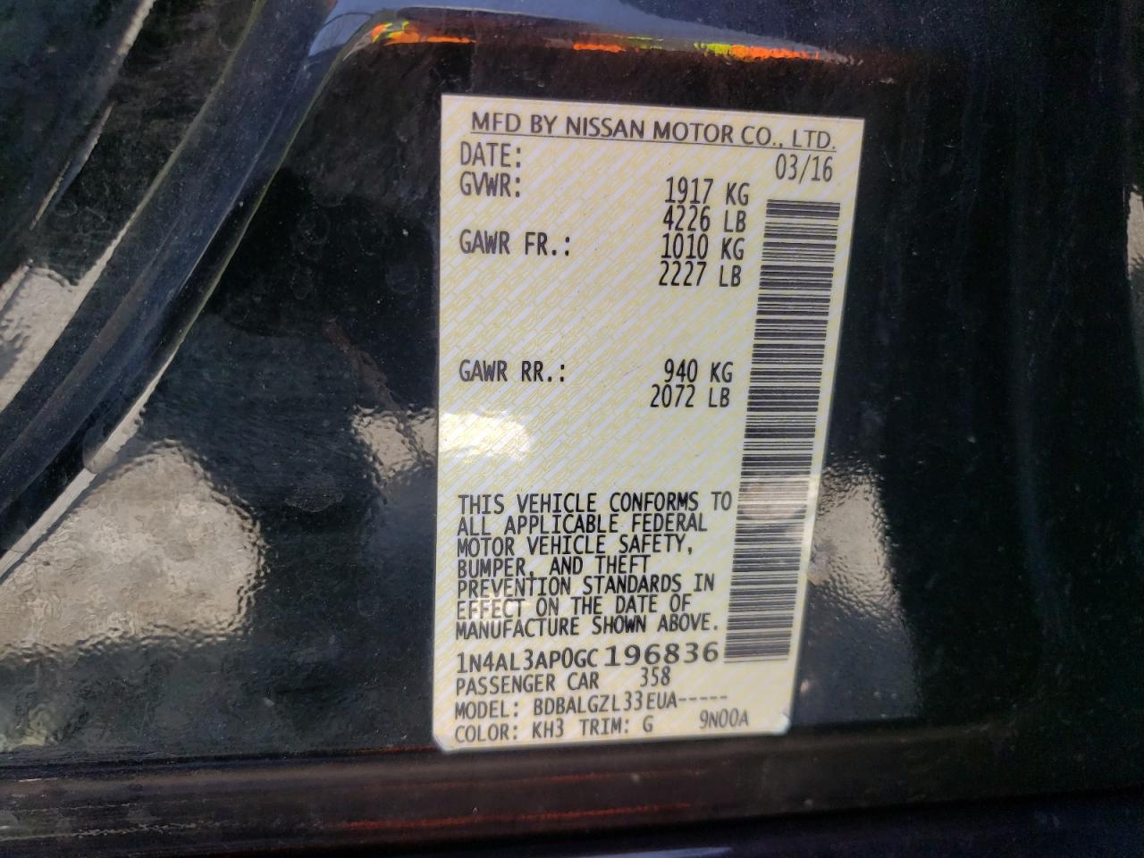 Photo 10 from auction – 2016 NISSAN ALTIMA 2.5 with VIN 1N4AL3AP0GC196836
