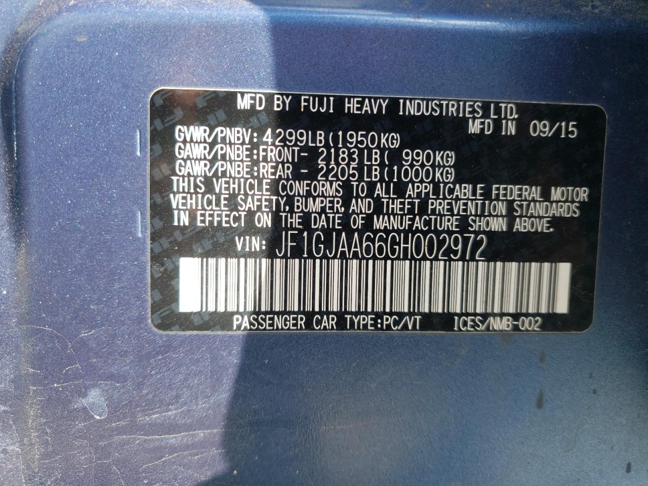 Photo 10 from auction – 2016 SUBARU IMPREZA with VIN JF1GJAA66GH002972