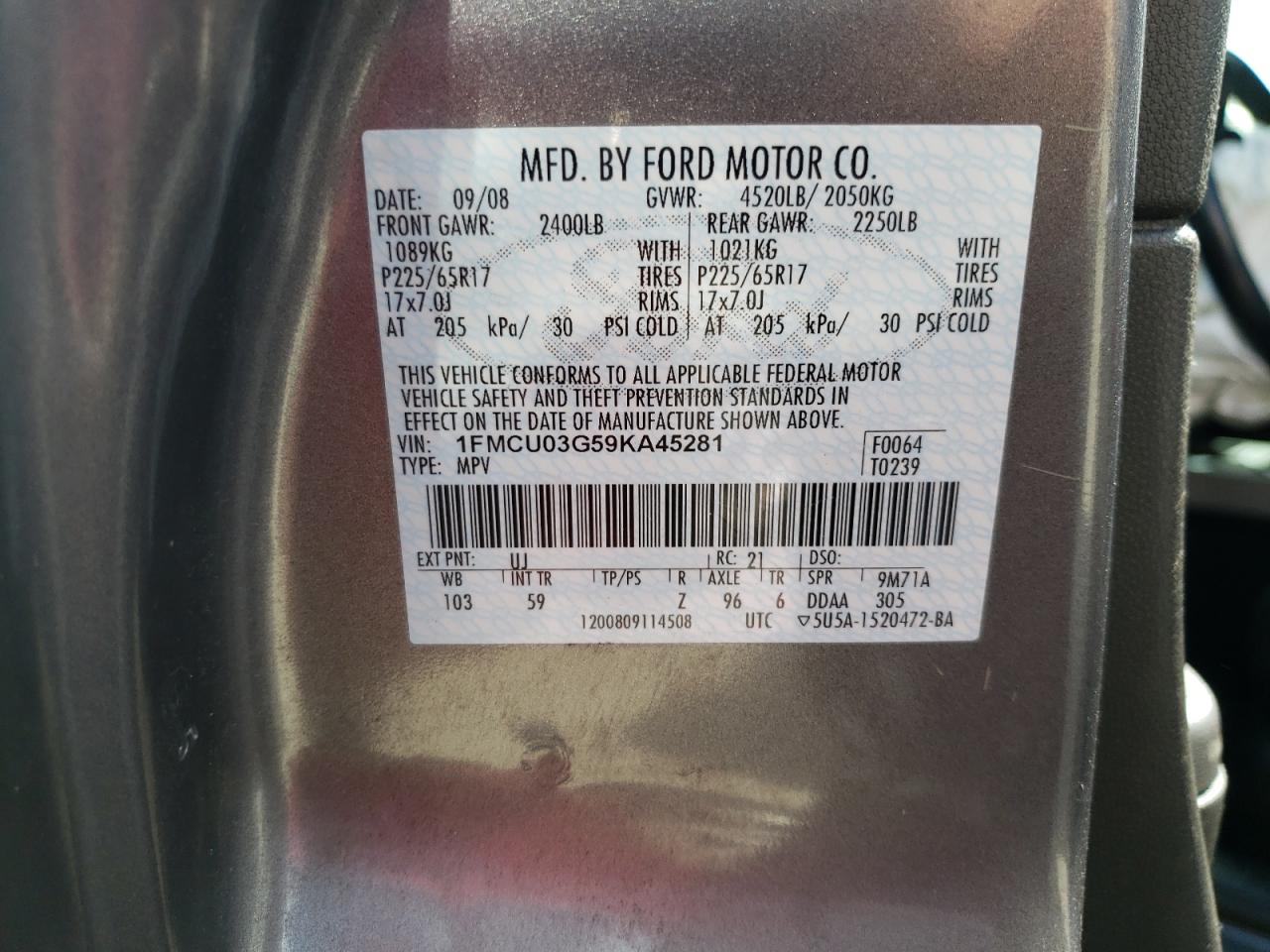 Photo 10 from auction – 2009 FORD ESCAPE XLT with VIN 1FMCU03G59KA45281