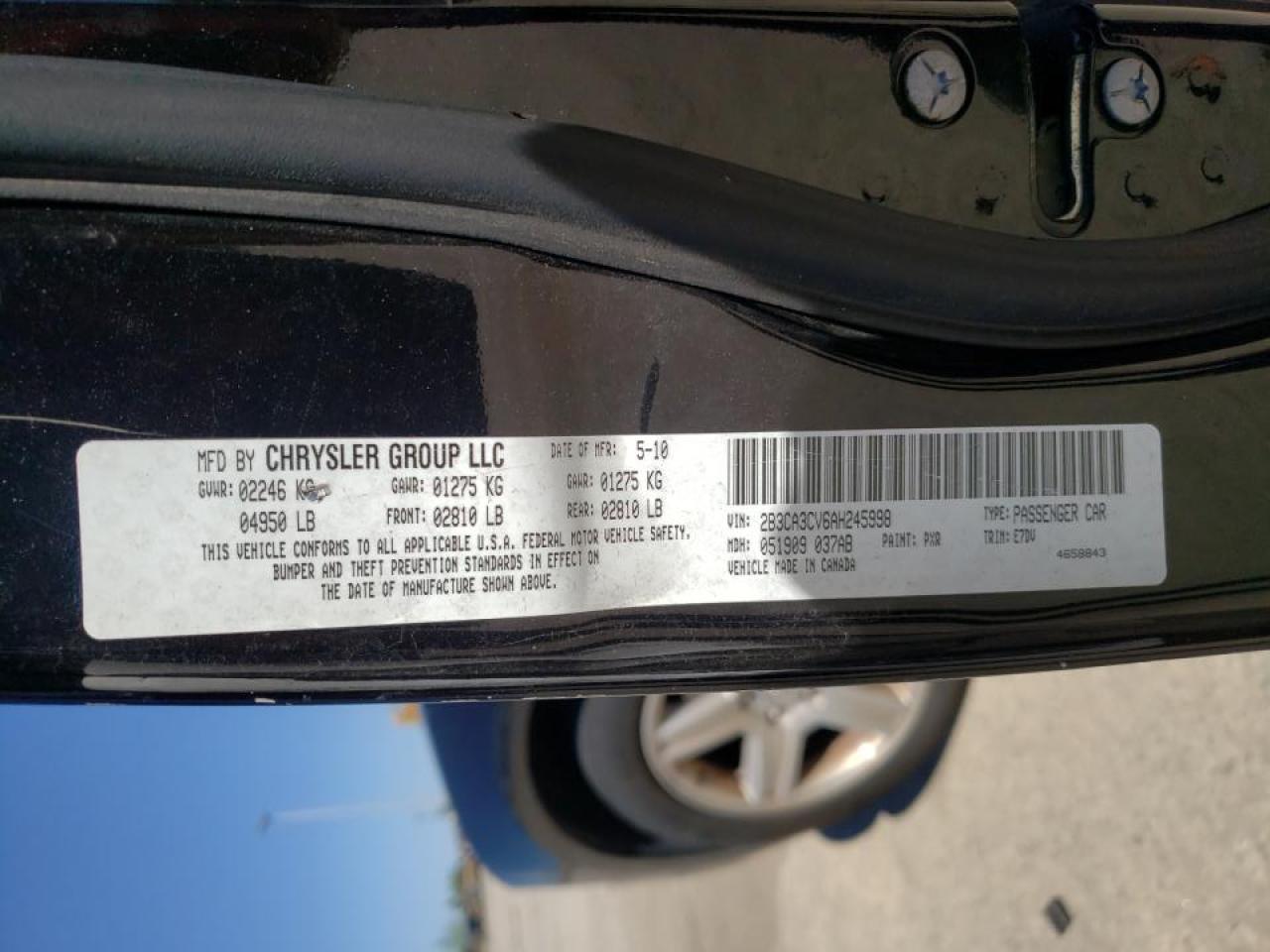 Photo 10 from auction – 2010 DODGE CHARGER with VIN 2B3CA3CV6AH245998