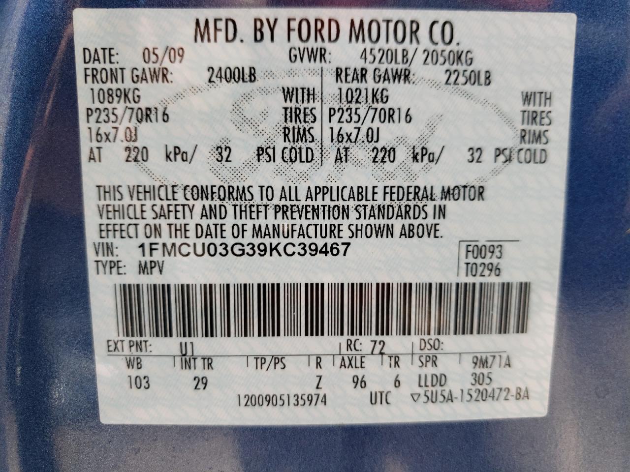 Photo 10 from auction – 2009 FORD ESCAPE XLT with VIN 1FMCU03G39KC39467