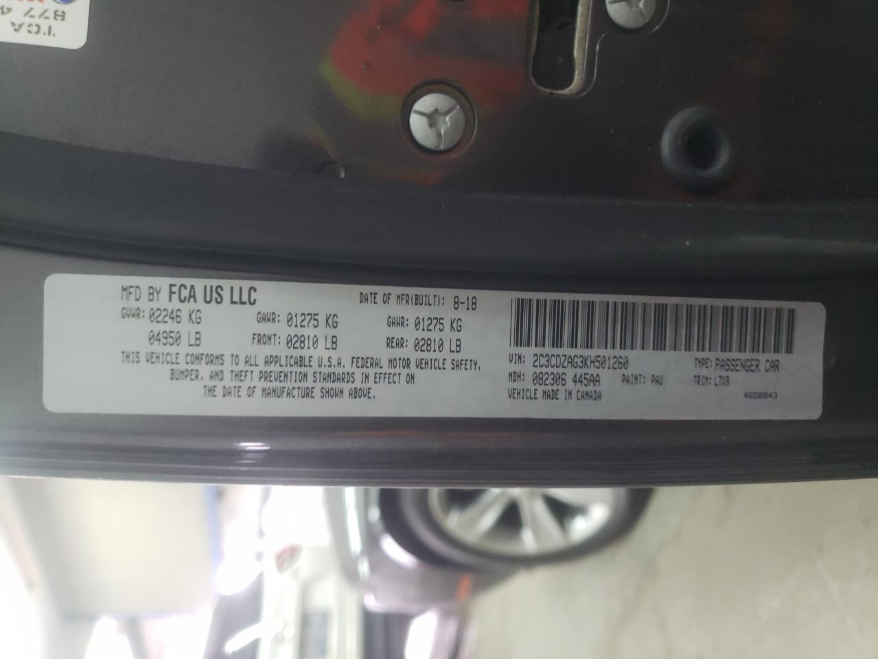 Photo 10 from auction – 2019 DODGE CHALLENGER with VIN 2C3CDZAG3KH501260