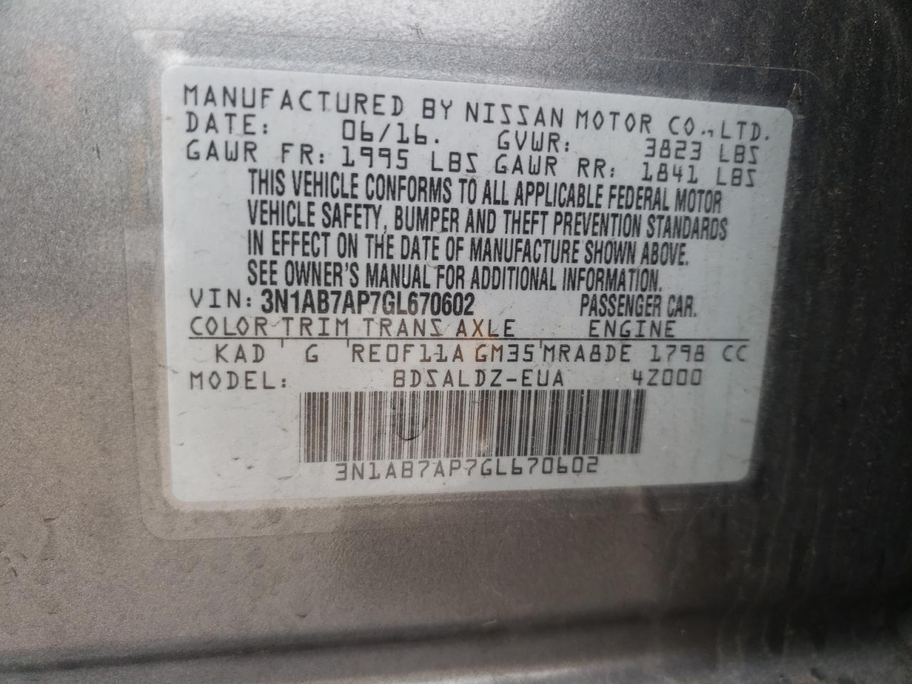 Photo 10 from auction – 2016 NISSAN SENTRA S with VIN 3N1AB7AP7GL670602