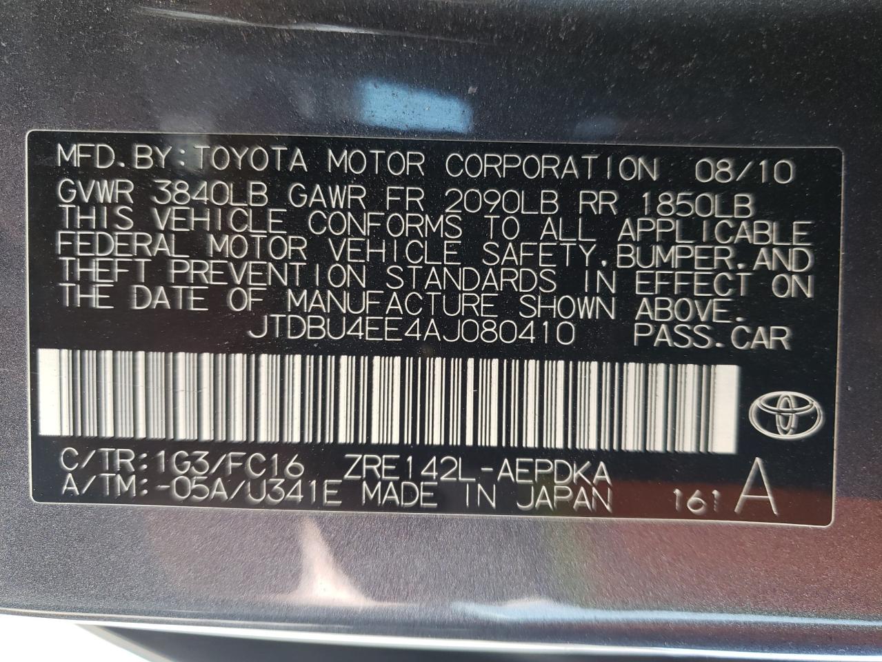 Photo 10 from auction – 2010 TOYOTA COROLLA BA with VIN JTDBU4EE4AJ080410