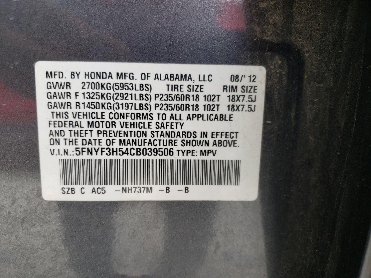 صورة رقم 10 من المزاد - 2012 HONDA PILOT EXL مع VIN 5FNYF3H54CB039506