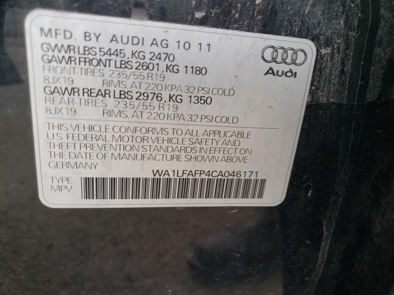 Photo 10 from auction – 2012 AUDI Q5 PREMIUM with VIN WA1LFAFP4CA046171