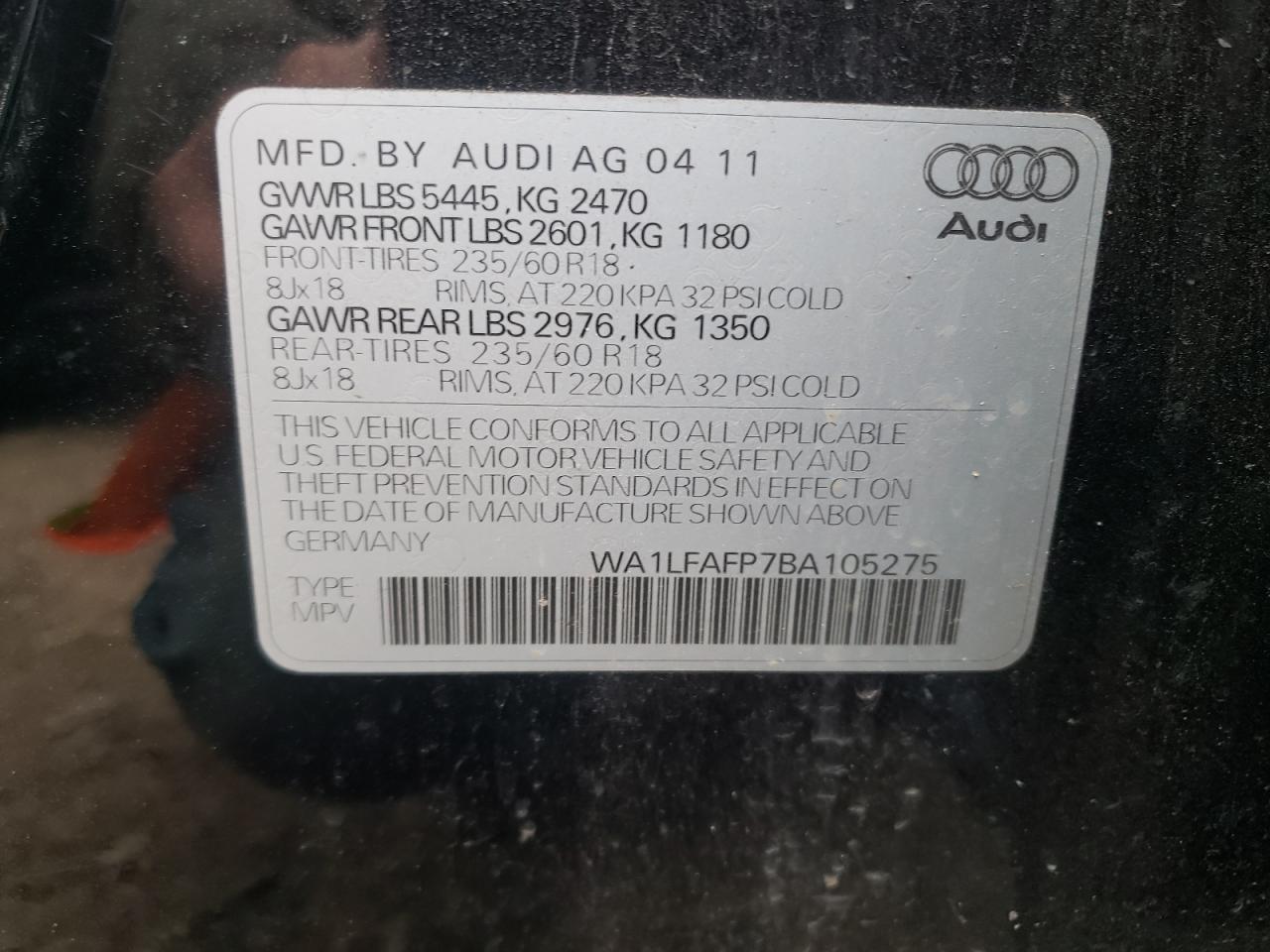 Photo 10 from auction – 2011 AUDI Q5 PREMIUM with VIN WA1LFAFP7BA105275