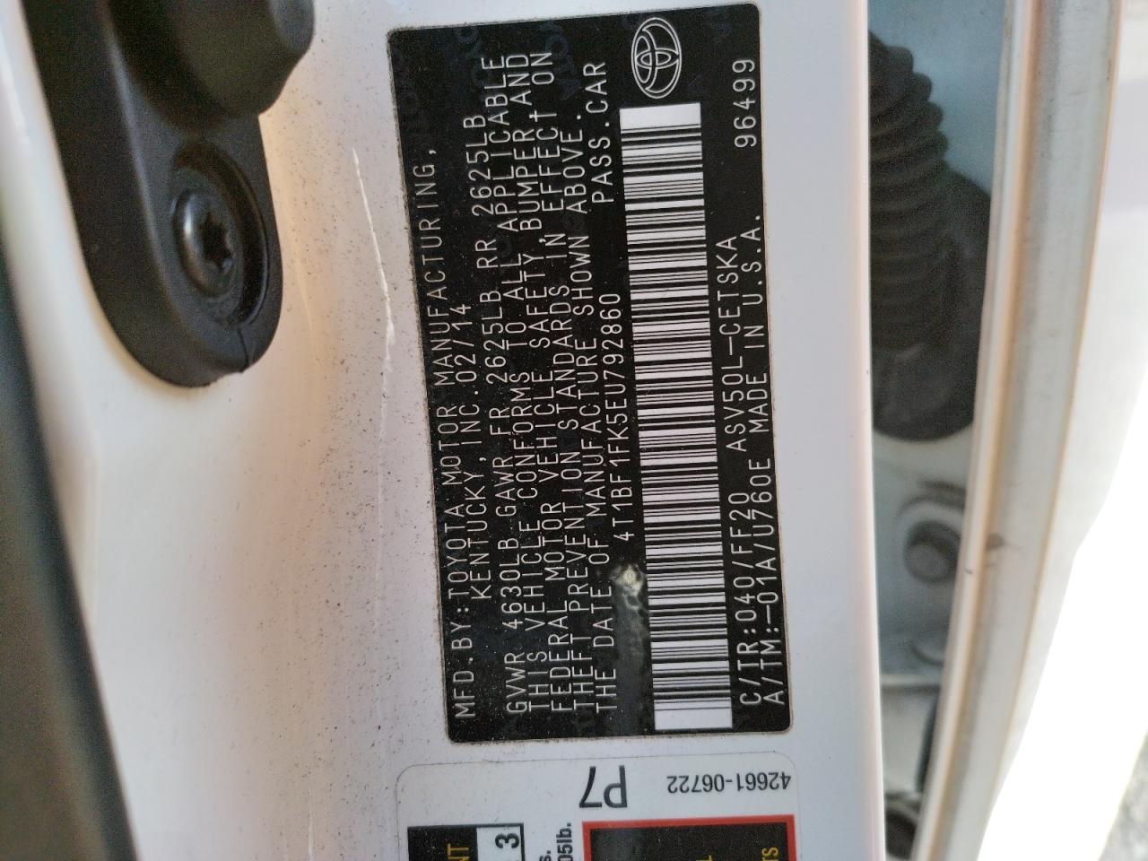 Photo 10 from auction – 2014 TOYOTA CAMRY L with VIN 4T1BF1FK5EU792860