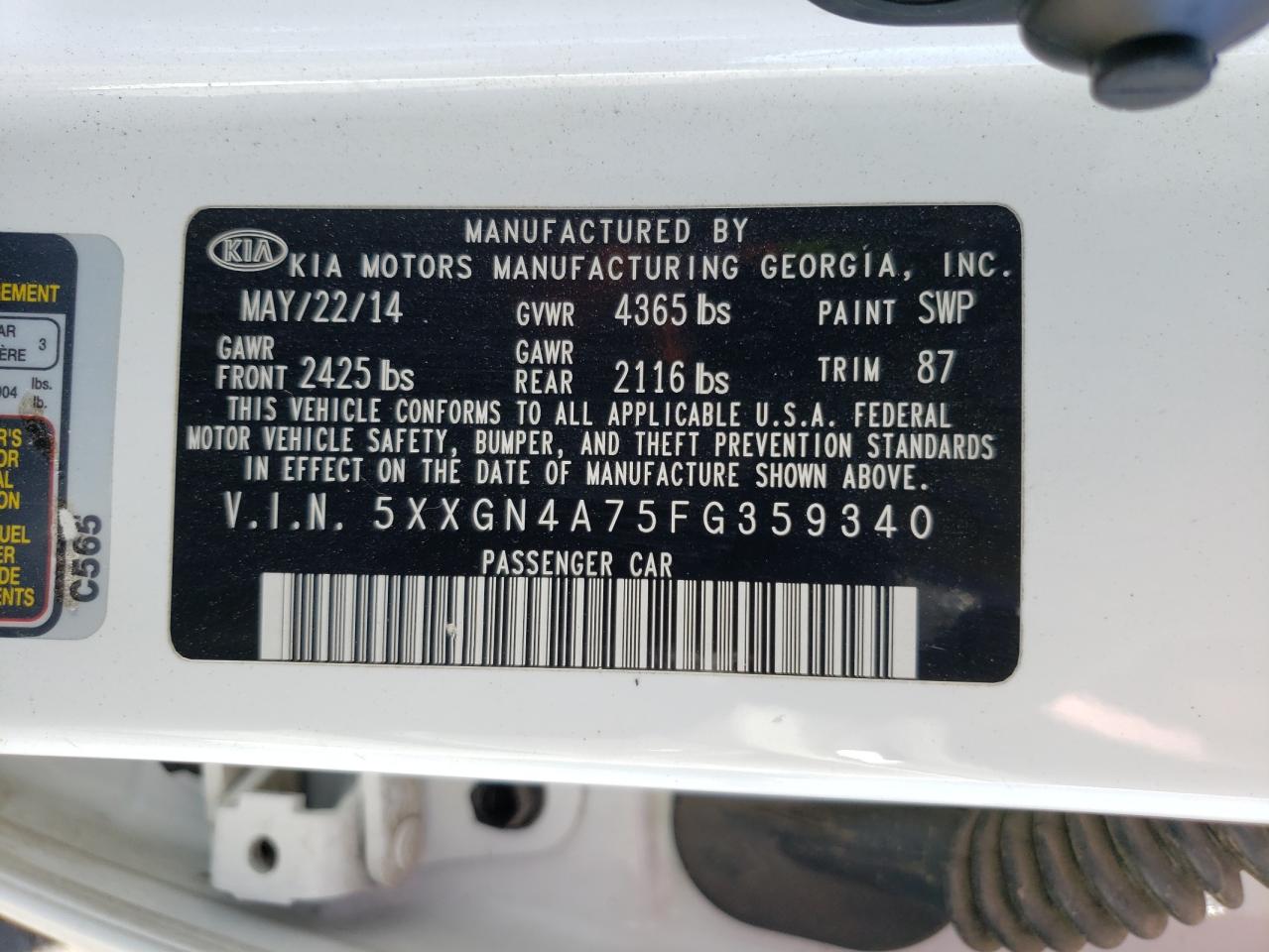 Photo 10 from auction – 2015 KIA OPTIMA EX with VIN 5XXGN4A75FG359340