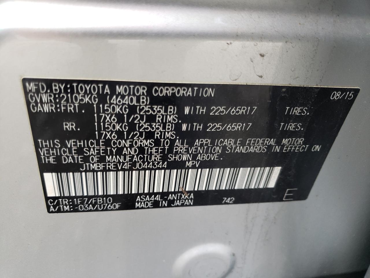 Photo 10 from auction – 2015 TOYOTA RAV4 LE with VIN JTMBFREV4FJ044344