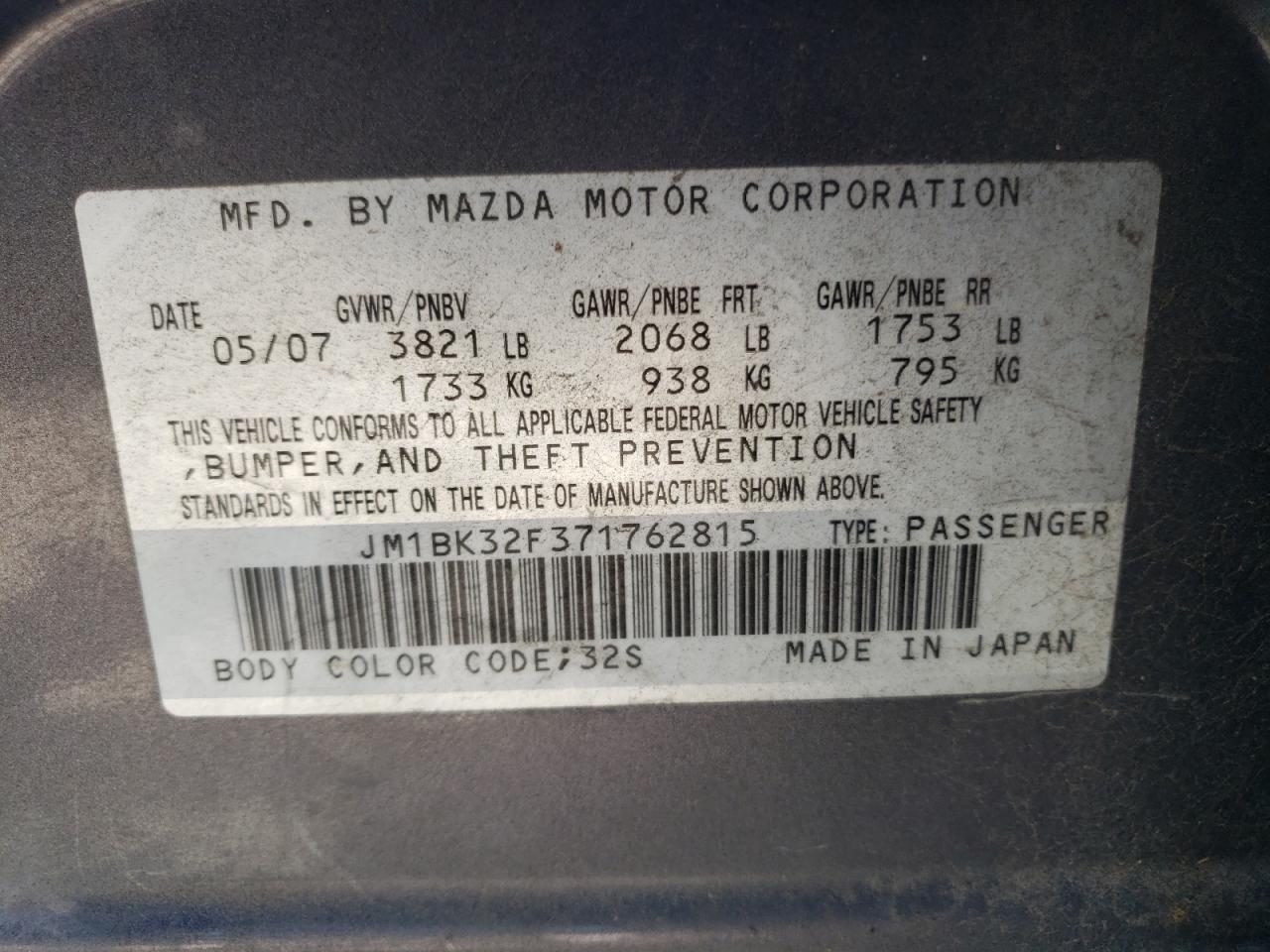 Photo 10 from auction – 2007 MAZDA 3 I with VIN JM1BK32F371762815