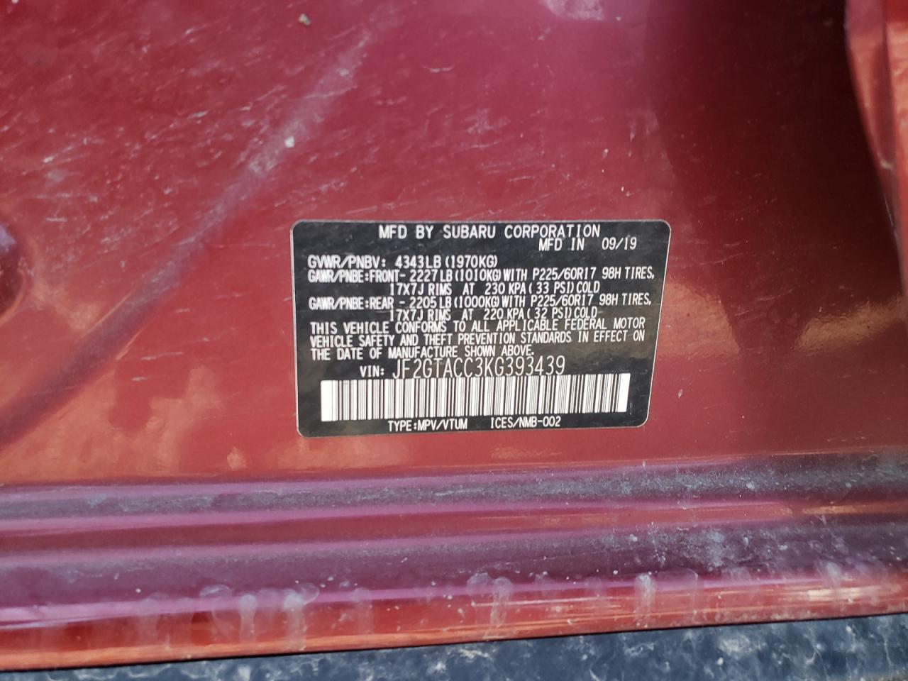 Photo 10 from auction – 2019 SUBARU CROSSTREK with VIN JF2GTACC3KG393439
