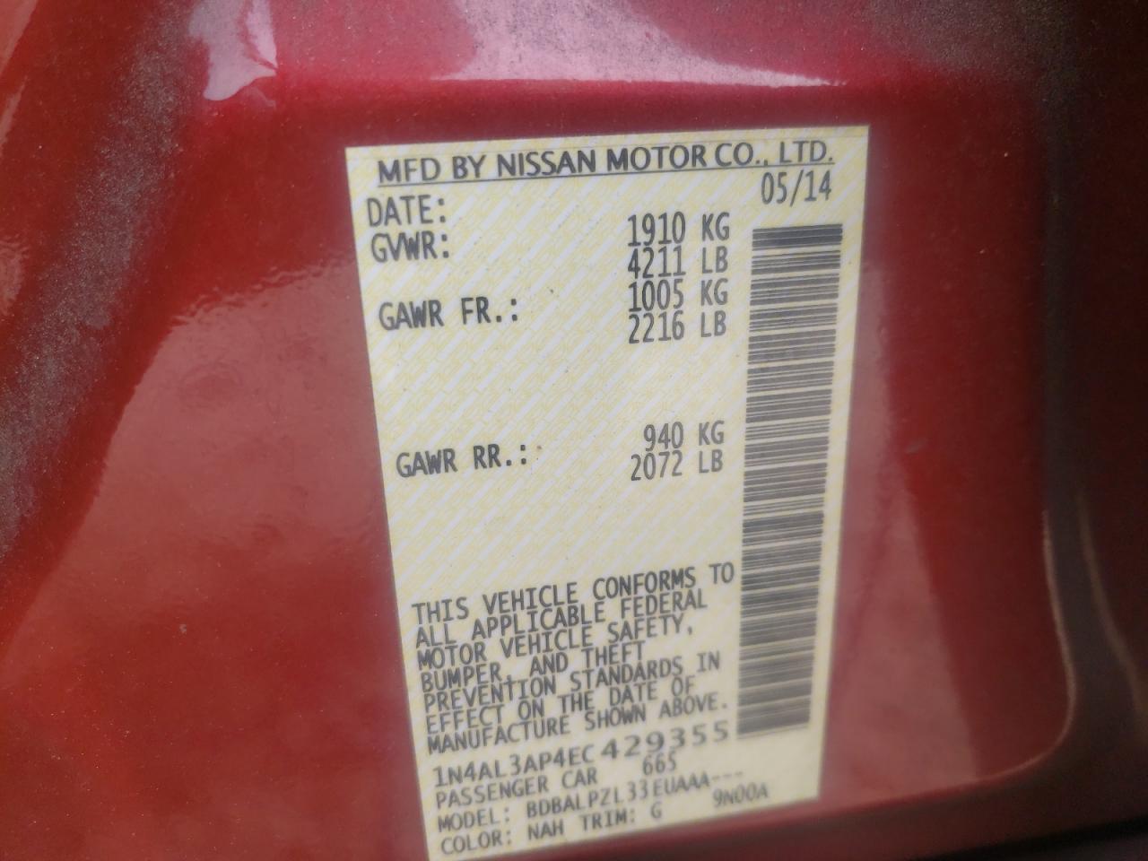 Photo 10 from auction – 2014 NISSAN ALTIMA 2.5 with VIN 1N4AL3AP4EC429355