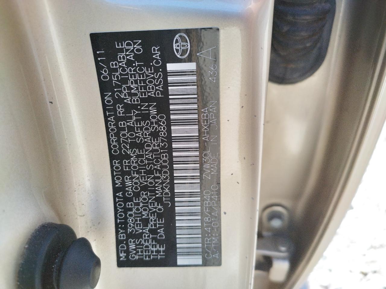 Photo 10 from auction – 2011 TOYOTA PRIUS with VIN JTDKN3DU0B1378860