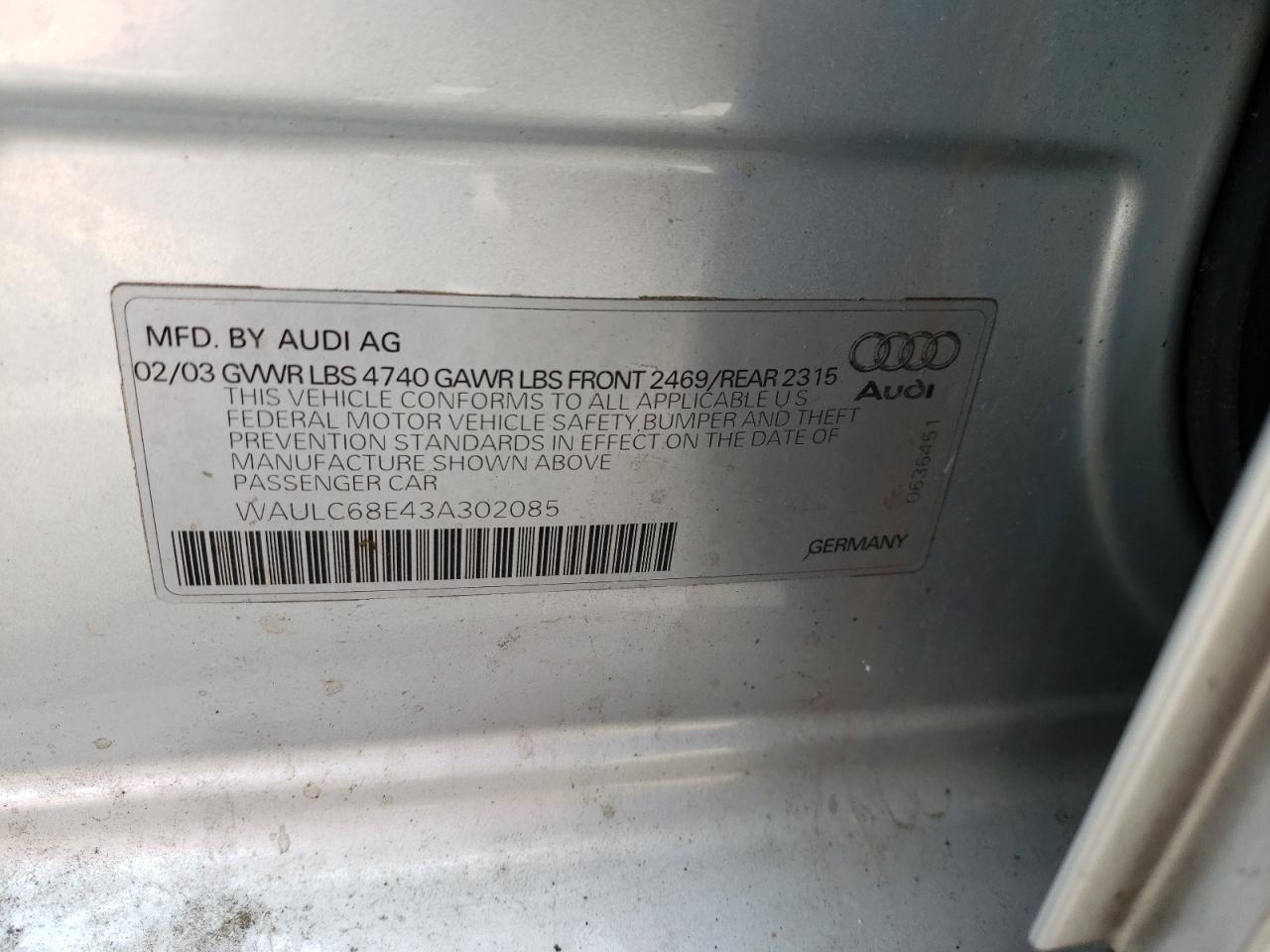 Photo 10 from auction – 2003 AUDI A4 1.8T QU with VIN WAULC68E43A302085
