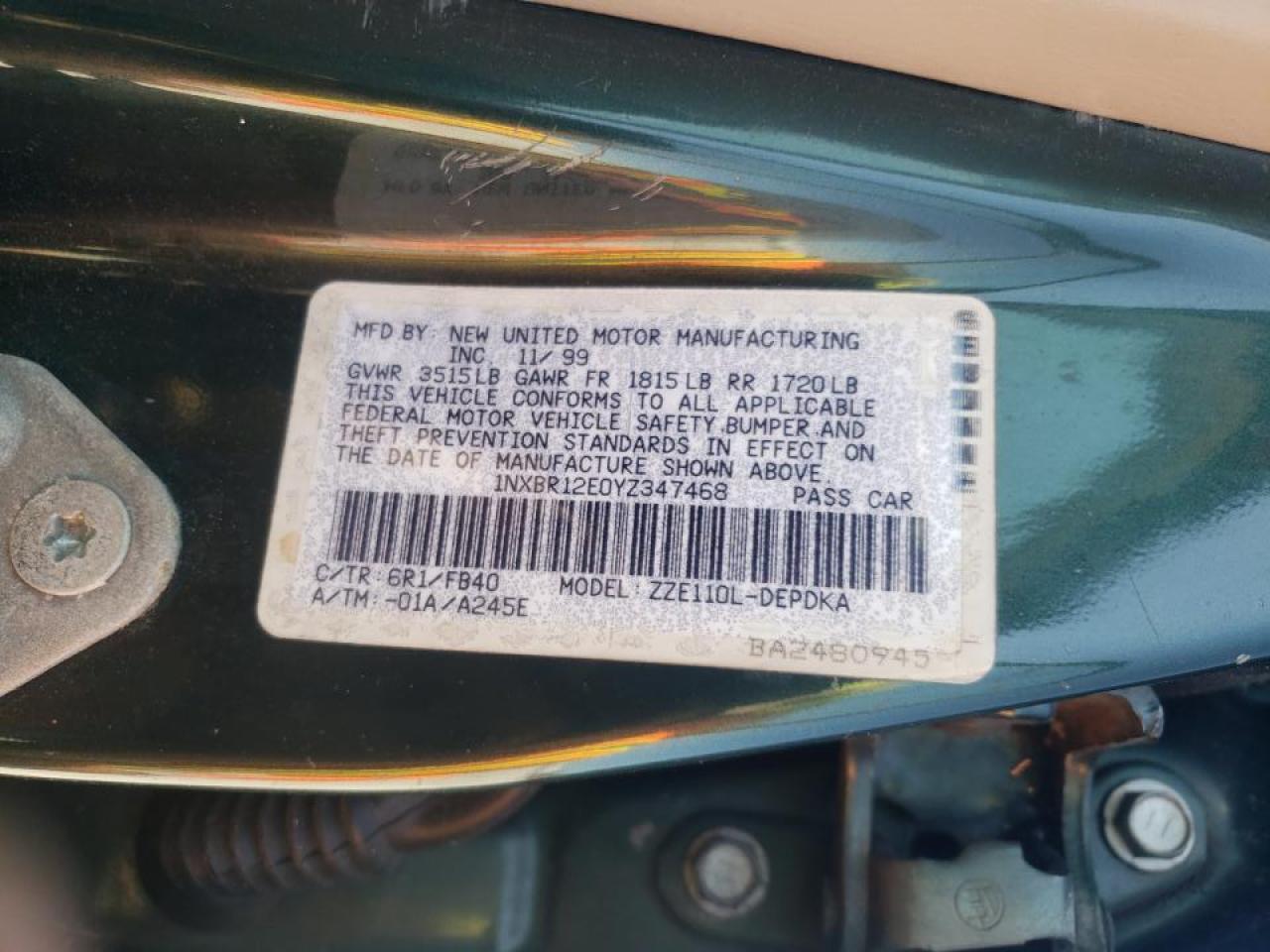 Photo 10 from auction – 2000 TOYOTA COROLLA VE with VIN 1NXBR12E0YZ347468