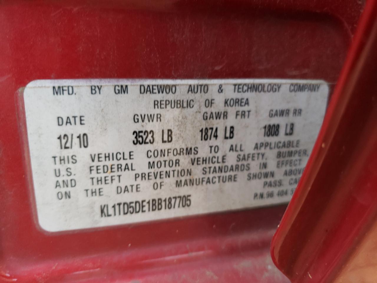 Photo 10 from auction – 2011 CHEVROLET AVEO LS with VIN KL1TD5DE1BB187705