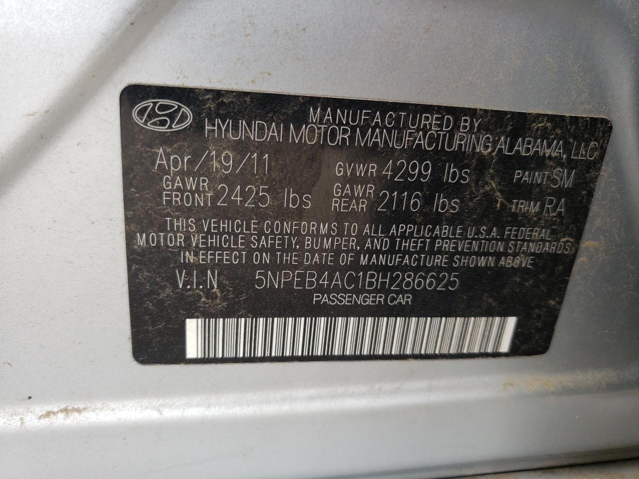 Photo 10 from auction – 2011 HYUNDAI SONATA GLS with VIN 5NPEB4AC1BH286625