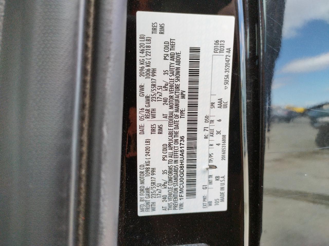 Photo 10 from auction – 2017 FORD ESCAPE SE with VIN 1FMCU0GD8HUA61736