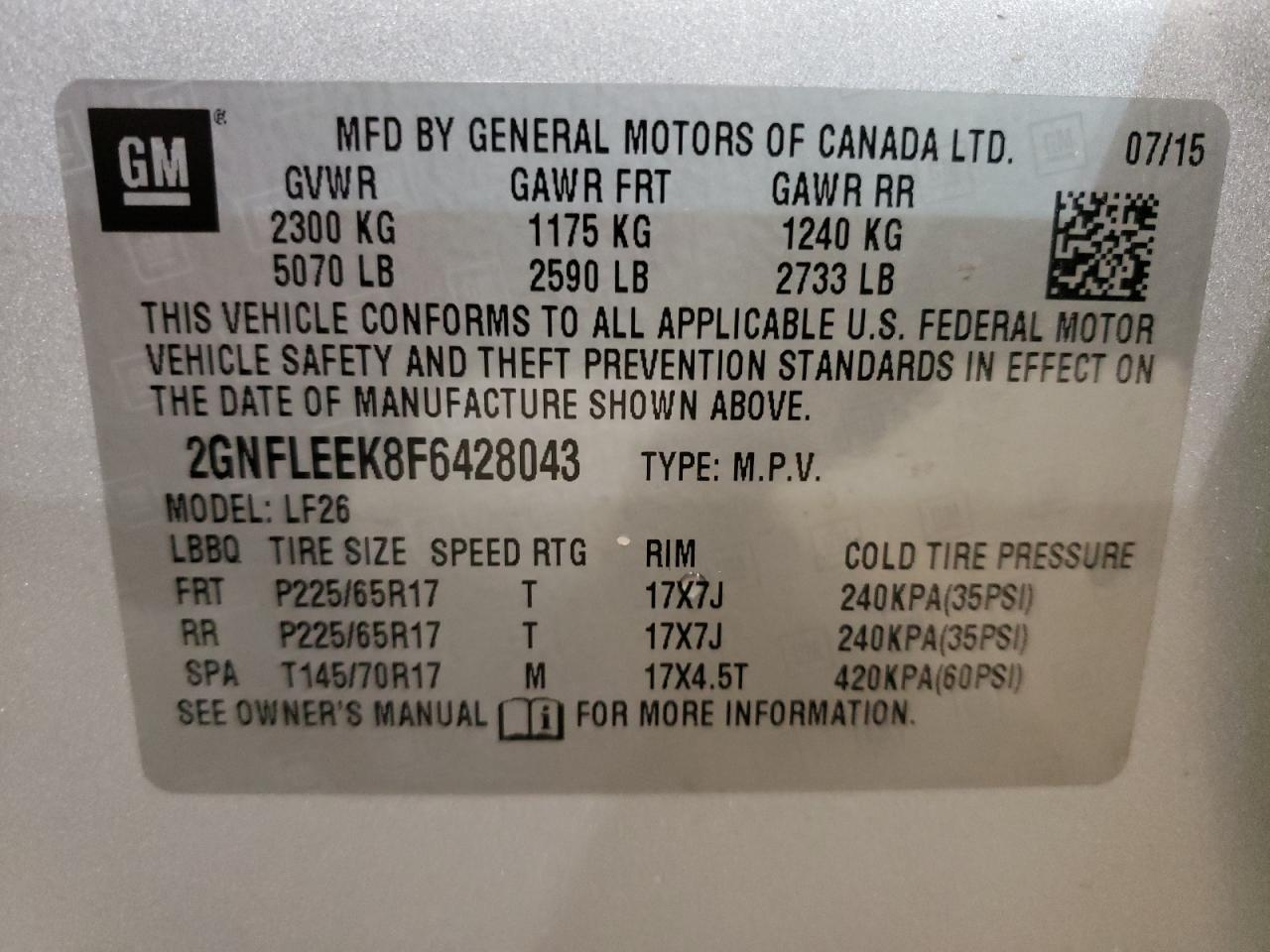 Photo 10 from auction – 2015 CHEVROLET EQUINOX LS with VIN 2GNFLEEK8F6428043