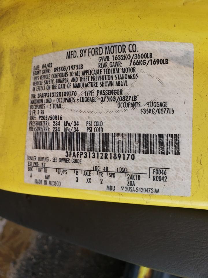 Photo 10 from auction – 2002 FORD FOCUS ZX3 with VIN 3FAFP31312R189170