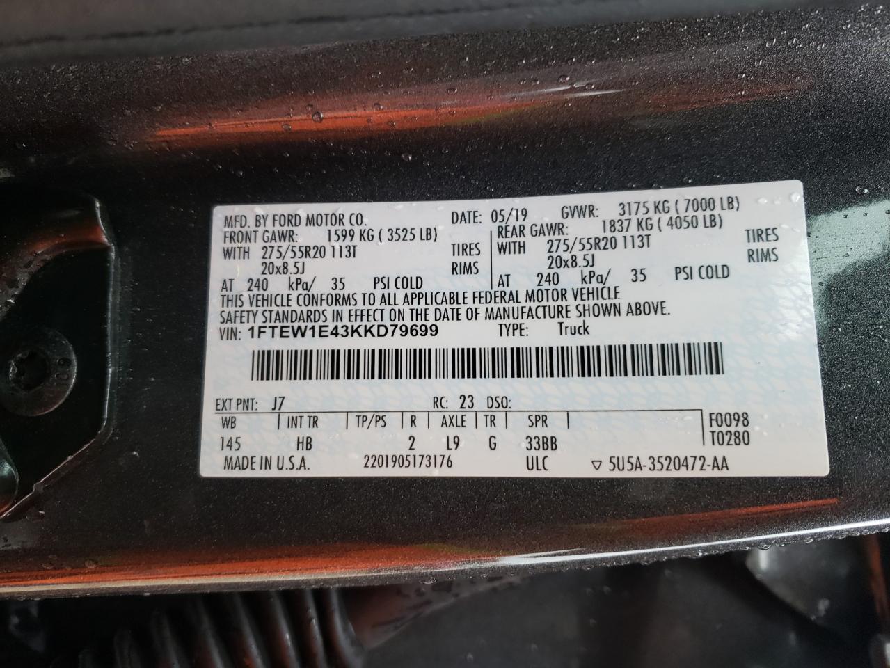 Photo 10 from auction – 2019 FORD F150 SUPER with VIN 1FTEW1E43KKD79699