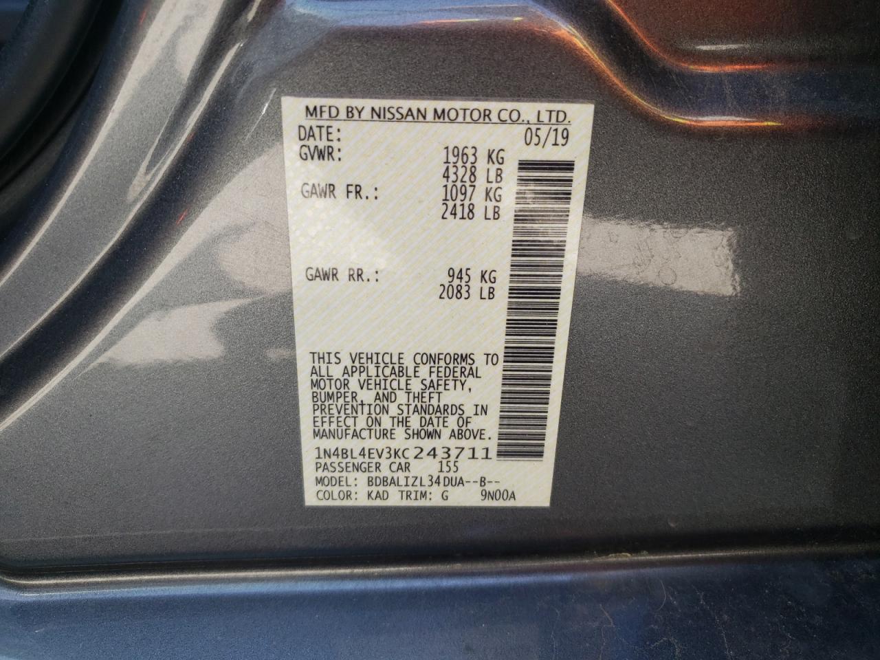 Photo 10 from auction – 2019 NISSAN ALTIMA SL with VIN 1N4BL4EV3KC243711