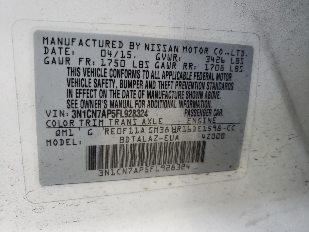 Photo 10 from auction – 2015 NISSAN VERSA S with VIN 3N1CN7AP5FL928324