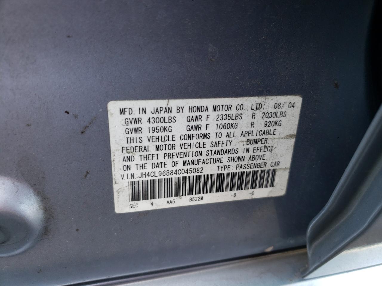 Photo 10 from auction – 2004 ACURA TSX with VIN JH4CL96884C045082