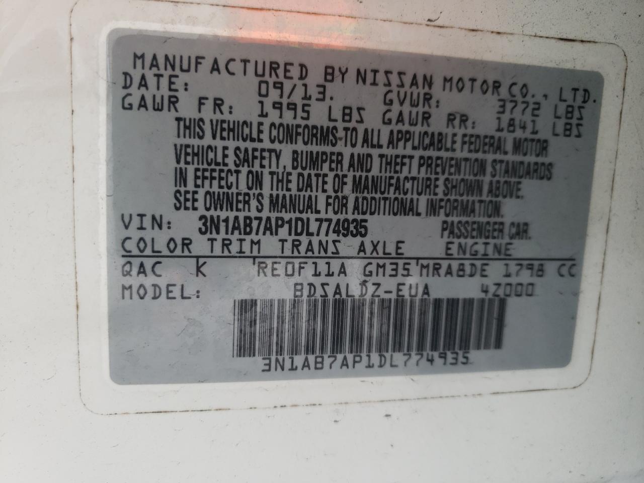 Photo 10 from auction – 2013 NISSAN SENTRA S with VIN 3N1AB7AP1DL774935