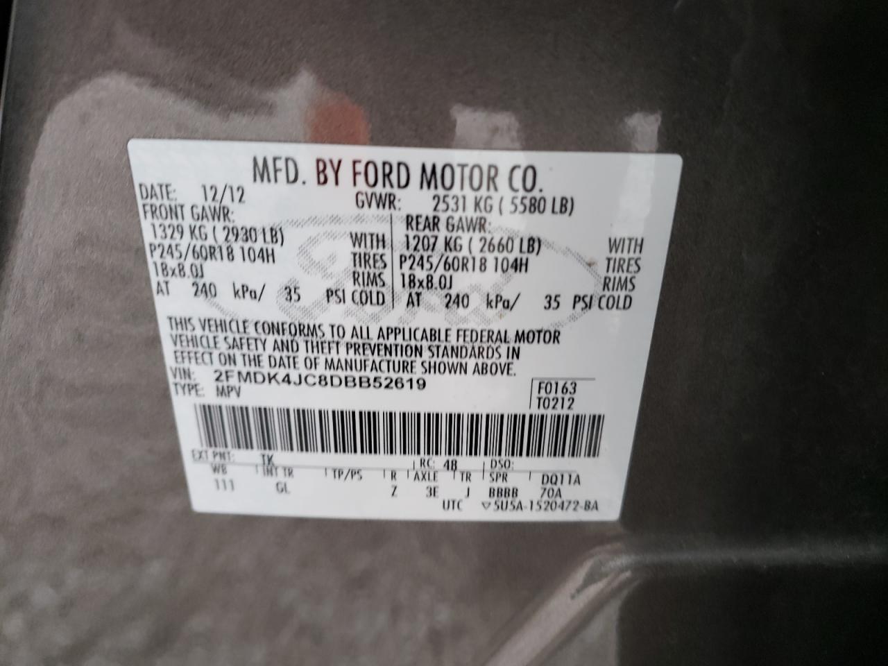 Photo 10 from auction – 2013 FORD EDGE SEL with VIN 2FMDK4JC8DBB52619