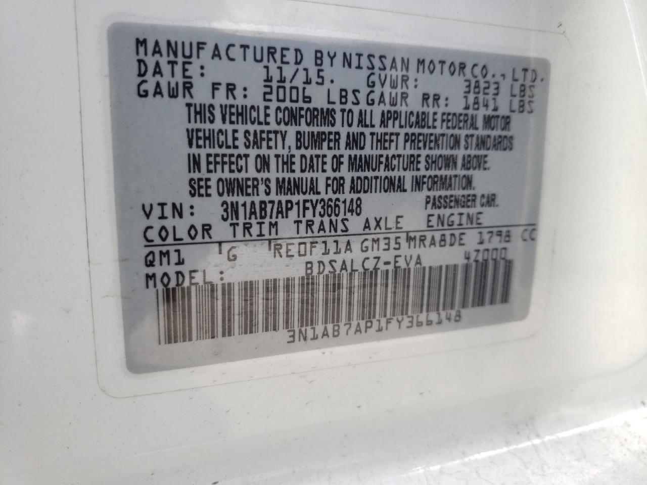 Photo 10 from auction – 2015 NISSAN SENTRA S with VIN 3N1AB7AP1FY366148