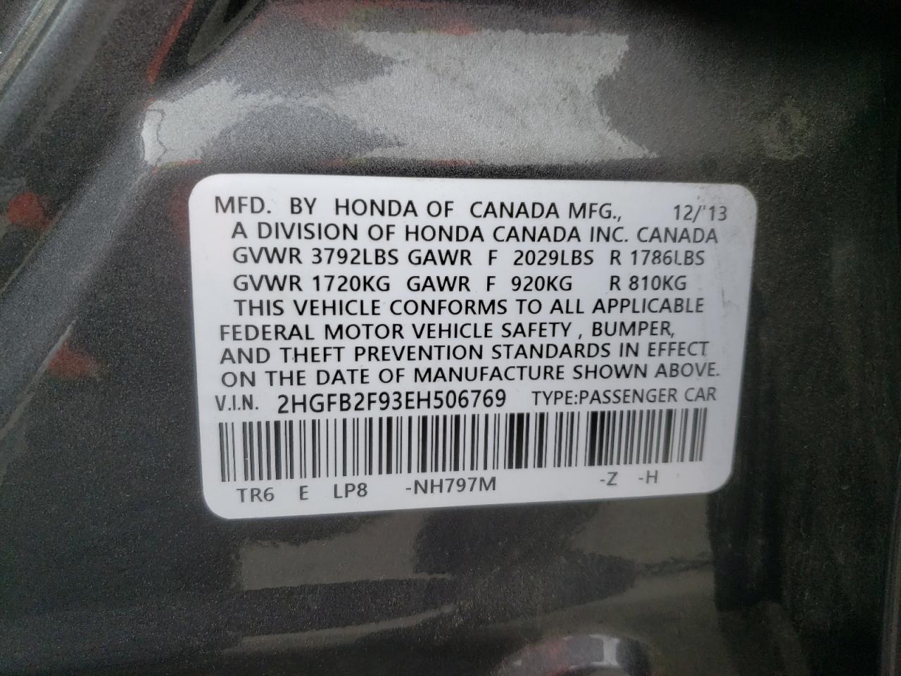 Photo 10 from auction – 2014 HONDA CIVIC EXL with VIN 2HGFB2F93EH506769